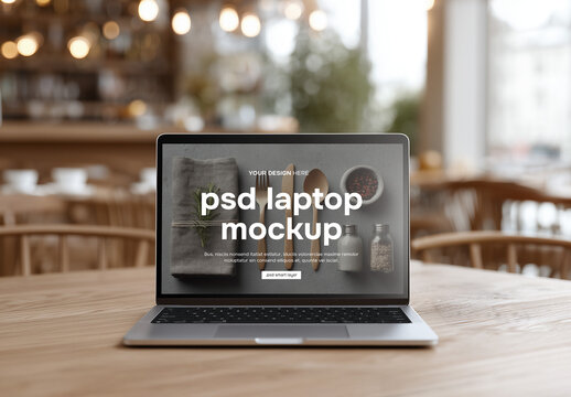 Front view laptop mockup in a restaurant or cafe mockup