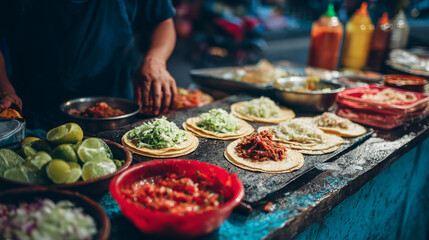 Obraz premium Street food tacos local market food photography vibrant atmosphere close-up culinary experience