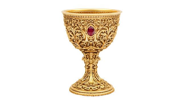 Exquisite antique gold goblet with ornate detailing and red gem accent