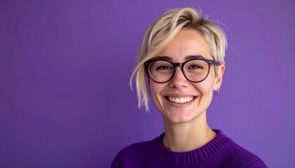 a blonde woman with short hair wearing eyeglasses spectacles and smiling on a purple background