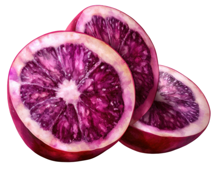 Three half-cut blood oranges display vivid red pulp and pale rind texture