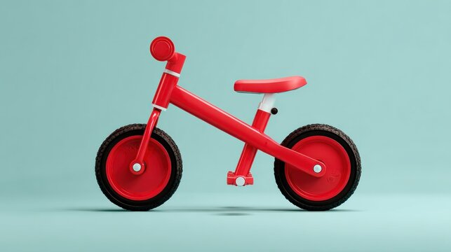 Sleek, red balance bike with black tires against a light blue background, minimalist and bright