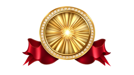 Luxurious golden award medal with radiant sunburst and red ribbon emblem design