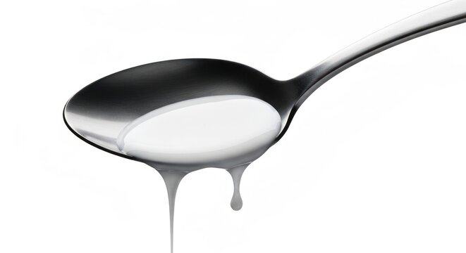 Spoon holding and dripping white liquid against a blank, white background - Powered by Adobe