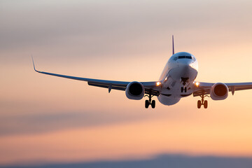 Fototapeta premium Airplane silhouetted against a sunset sky, ready for landing. Flying at dawn in the clear skies shows off the beauty of air travel.