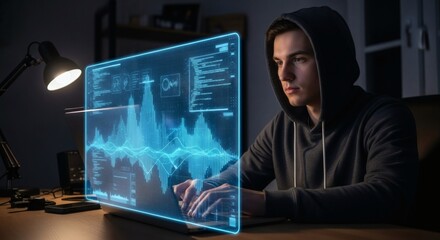 Young Man Working With Futuristic Holographic Display At Night