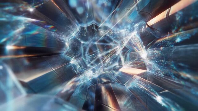 A macro shot inside a crystalline prism reveals photons bouncing and splitting into cascading energy trails. The camera slowly pushes deeper into the crystal structure, where invisible quantum vibrati