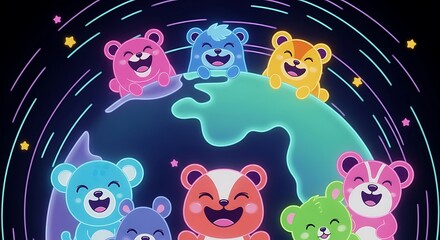 Happy Colorful Cartoon Bears on a Glowing Earth with Neon Stars.