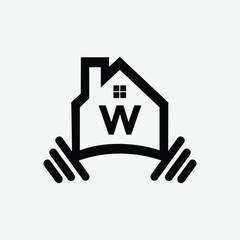 Black house icon with letter W and barbell on white background abstract 