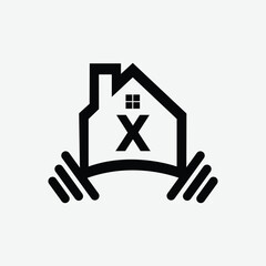 Black house icon with letter X and barbell on white background 