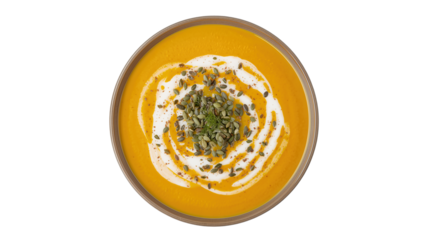 Thanksgiving Pumpkin Soup PNG – Cream Swirl and Pumpkin Seeds, Autumn Harvest Food Clipart, Transparent Background
