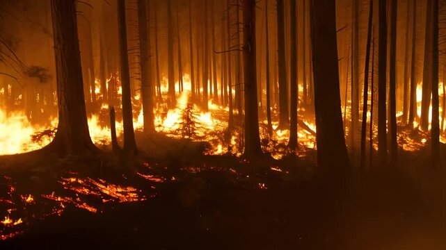 Сatastrophe scenario with forest fire destroying ecosystem and human infrastructure Firefighters confront this catastrophe working to control catastrophic flames and prevent further catastrophe spread