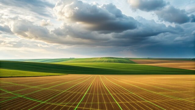 Toned Farmland with AI Mapping Overlays and Subtle Cloudy Sky