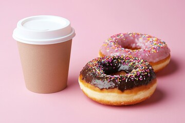 Two donuts pink background left side image there Cup of coffee