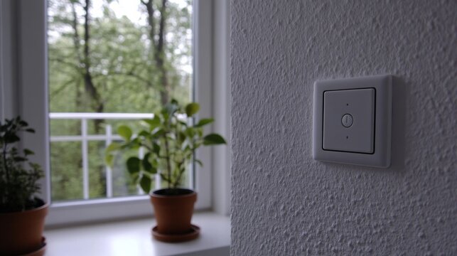 White light switch wall next to window is Man push button