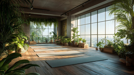 Empty modern yoga studio with mats plants and sunlight 