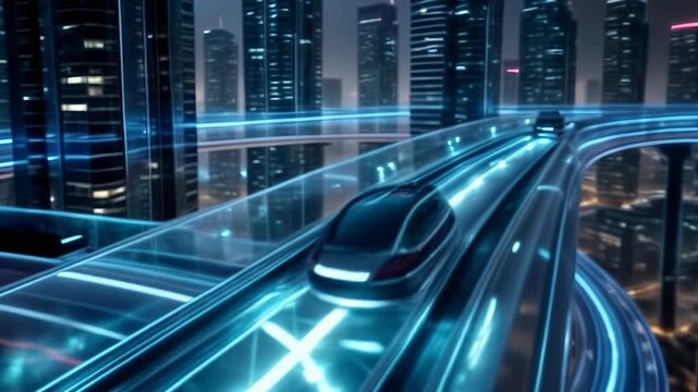 High-tech futuristic transport system in a night city with glowing lines and levitating vehicles