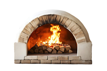 Rustic wood fired pizza oven with weathered brick design and flames inside