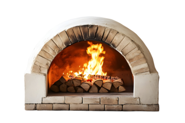 Rustic wood fired pizza oven with weathered brick design and flames inside