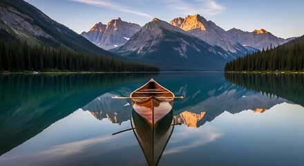 Serene Mountain Lake with Canoe at Sunrise.