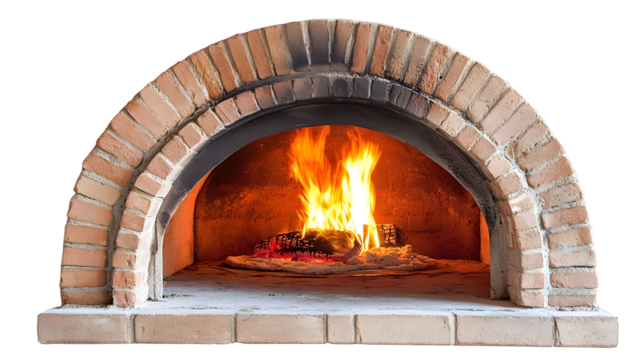 Traditional italian brick pizza oven with domed clay top and flames for culinary design