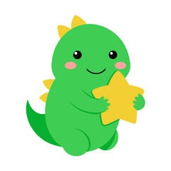 Cute green baby dinosaur hugging a yellow star vector illustration isolated on white background