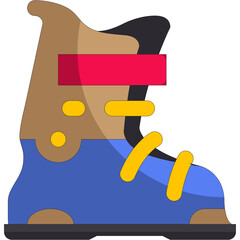 Winter Ski Boot With Blue Lower Section Brown Upper Section Red Strap And Yellow Laces On Transparent Background