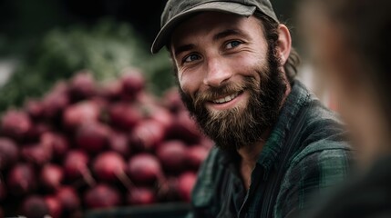 A smiling bearded farmer at a market stand interacting with a customer