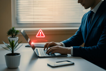 Alert Warning Sign Businessman Typing on Laptop with a Red Exclamation Point Icon