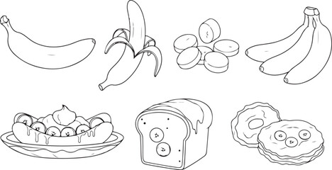 Black and White Line Art of Bananas and Banana Dishes
