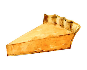 A slice of pumpkin pie. Watercolor illustration of traditional autumn rustic baking. A dessert for Thanksgiving and Halloween. Sticker for holiday decor. Retro-style clipart.