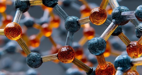 A close-up view of an abstract molecular structure with interlocking blue and orange spheres and silver connecting rods.