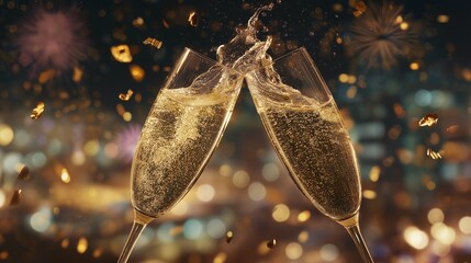 A luxurious and festive scene of a golden champagne toast, with an elegant splash and shimmering confetti against a background of fireworks