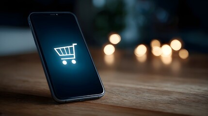 A shopping cart icon is displayed on a smartphone screen symbolizing online shopping and e commerce
