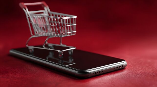 A miniature shopping cart on a smartphone screen represents convenient online e commerce - Powered by Adobe