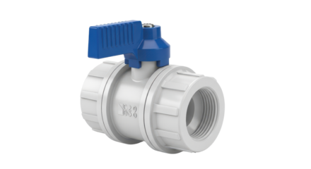 White PVC Plastic Ball Valve Pipe Fitting with Blue Handle isolated Product Shot