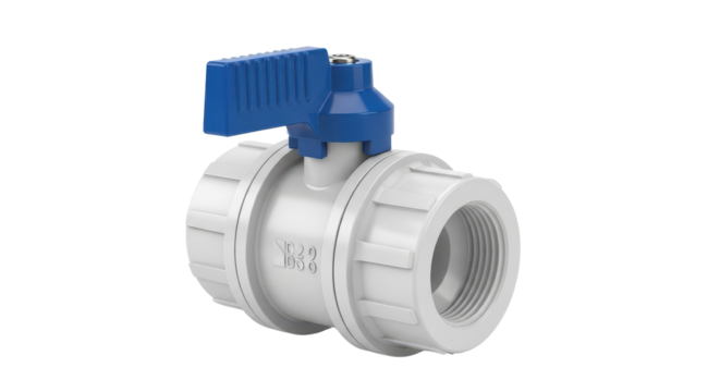 White PVC Plastic Ball Valve Pipe Fitting with Blue Handle isolated Product Shot