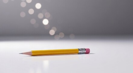 Yellow pencil on white surface, blurry bokeh lights on gray background