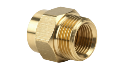 Brass plumbing coupling adapter fitting with male and female threads isolated on white background