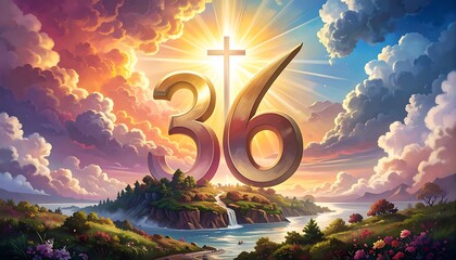 A glowing numeric pair amidst a radiant cross and sunlit backdrop, atop an island. Featuring an idyllic landscape with vivid colors