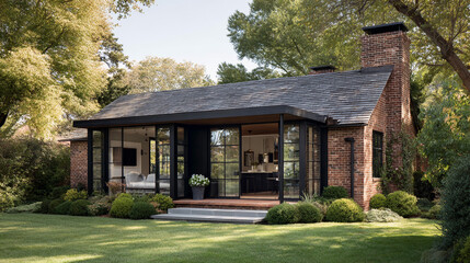 A modern cottage blends brick and black steel with large glass windows, featuring a rooftop patio and a lush garden with stone steps and an outdoor seating area.
