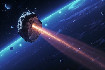 Asteroid emits energy beam in cosmic space scene