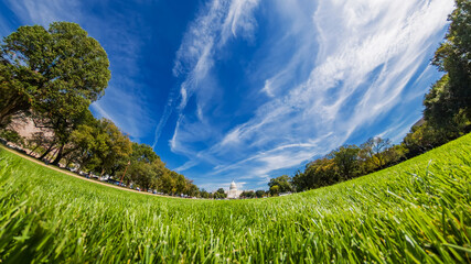 Capitol Hill in the distance framed by green grass and vibrant sky in Washington D.C.