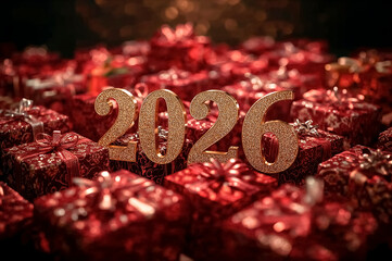 Celebration of the new year with golden 2026 and wrapped gifts