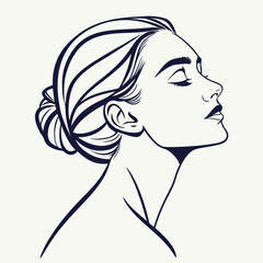 Elegant minimalist line art illustration of a woman s profile with eyes closed and hair styled in a classic updo conveying serenity and beauty