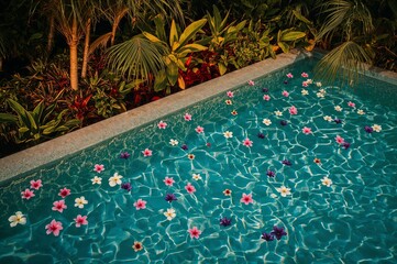 Colorful flowers floating on calm pool water in a tropical garden