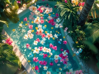 Colorful flowers float on the surface of a serene swimming pool