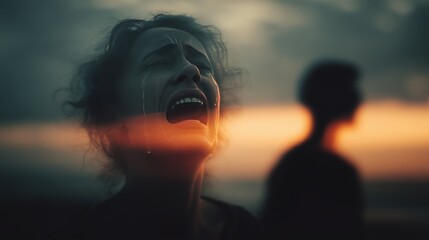 Crying woman captures the raw emotions of heartbreak with a blurred silhouette representing a painful separation at sunset