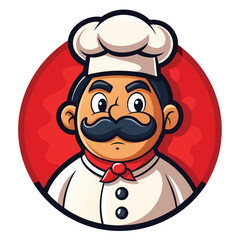 Fototapeta premium Whimsical cartoon mascot illustration of a friendly male chef with a big smile and chef hat ready to cook delicious food