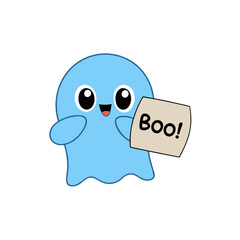 Fototapeta premium Friendly kawaii blue ghost with smile and blush holding boo sign vector illustration isolated on white background
